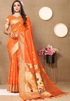 Orange Printed Blended Saree Set