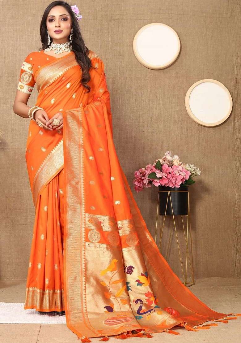 Orange Printed Blended Saree Set - Indya