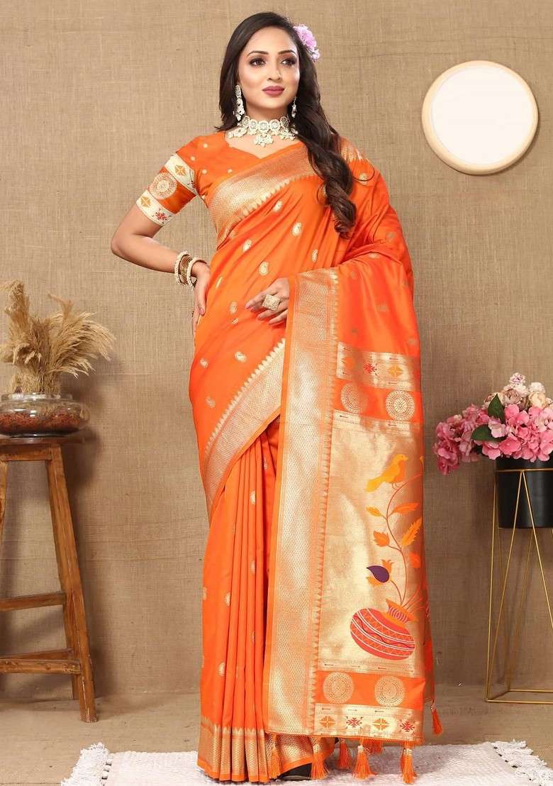Orange Printed Blended Saree Set - Indya