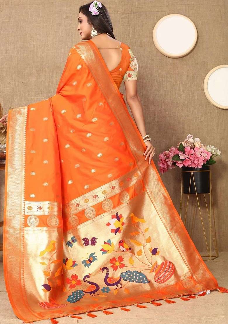 Orange Printed Blended Saree Set - Indya