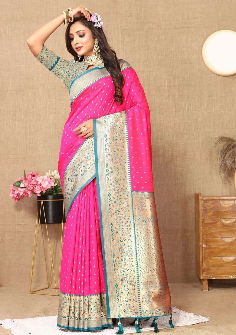 Pink Embroidered Blended Saree Set - Indya