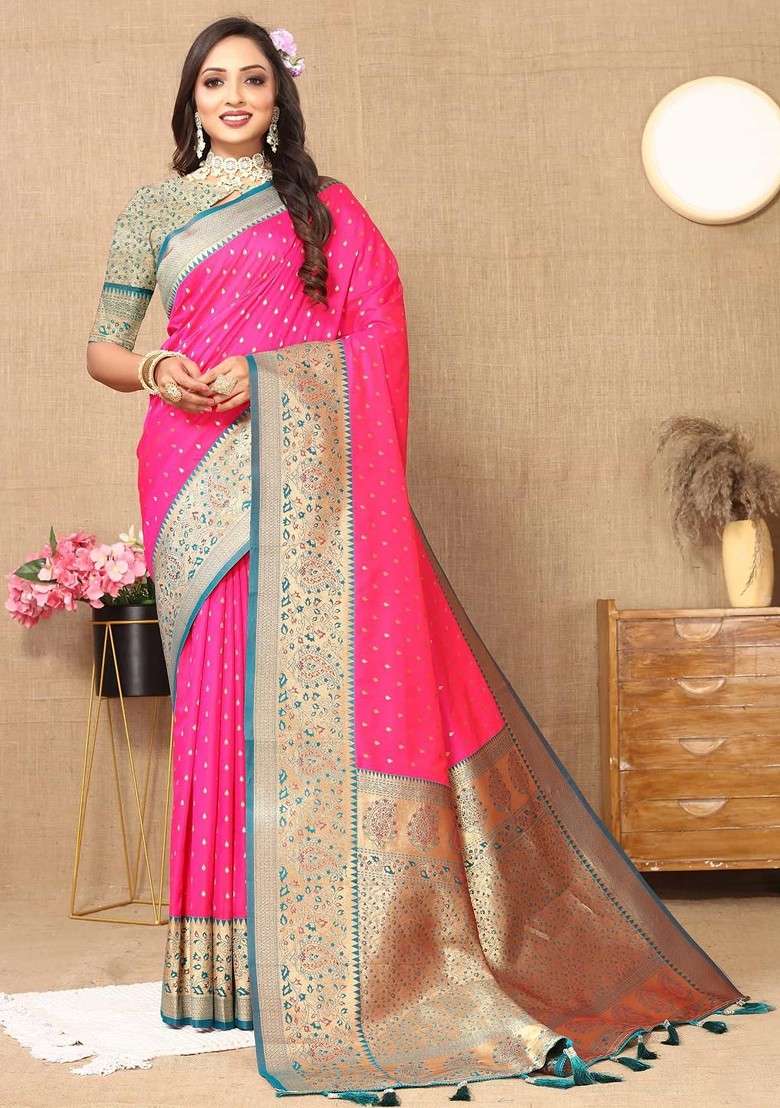 Pink Embroidered Blended Saree Set - Indya