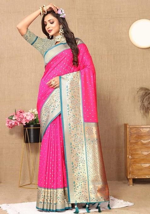 Pink Embroidered Blended Saree Set