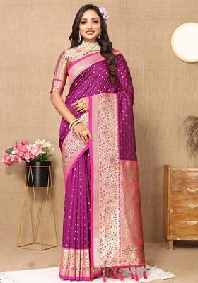 Purple Embroidered Blended Saree Set