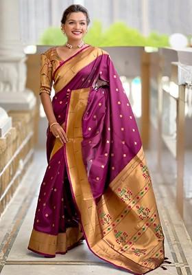 Purple Embroidered Blended Saree Set