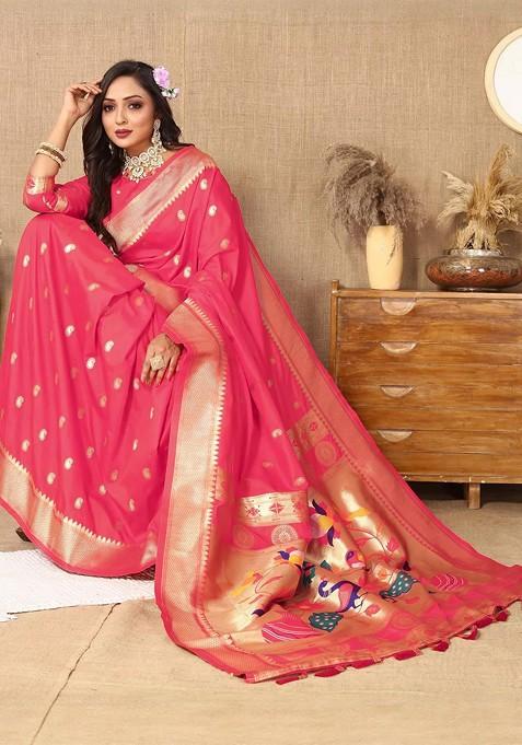 Pink Printed Blended Saree Set