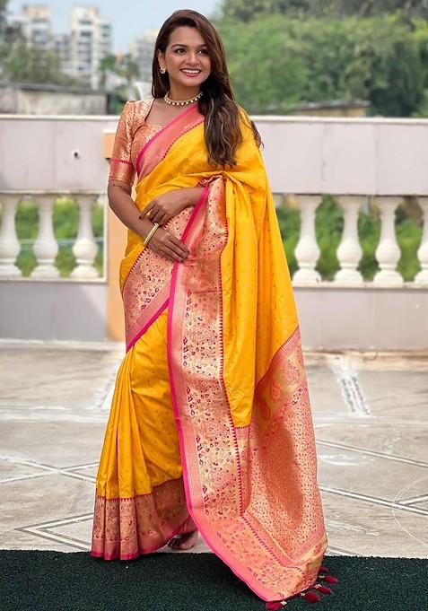 Yellow Embroidered Blended Saree Set