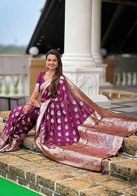 Purple Jacquard Blended Saree Set