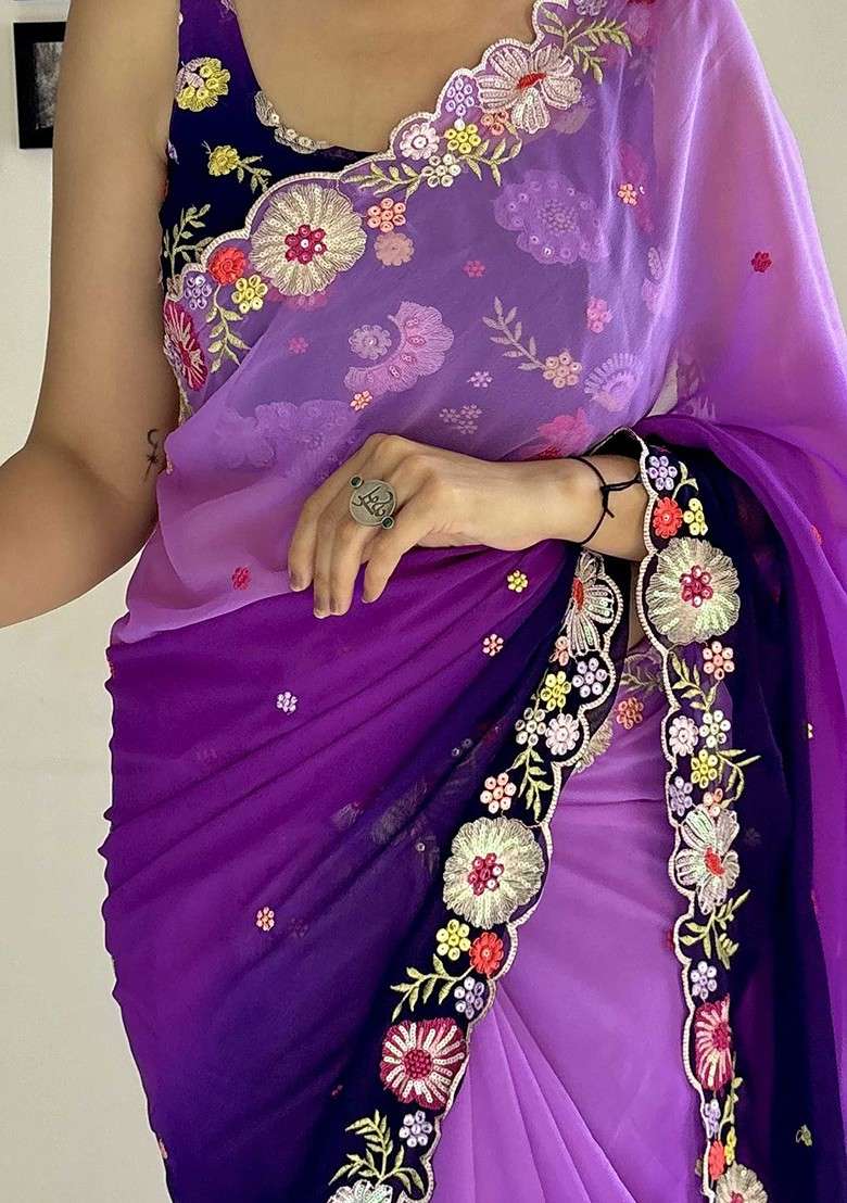 Purple Embellished Blended Saree Set with Sequin for Diwali | Wedding & Festive Wear - Indya