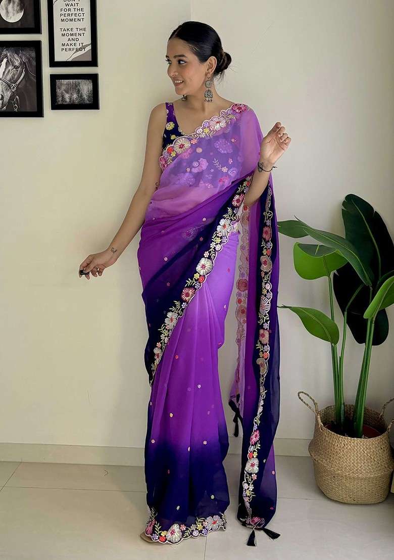 Purple Embellished Blended Saree Set with Sequin for Diwali | Wedding & Festive Wear - Indya