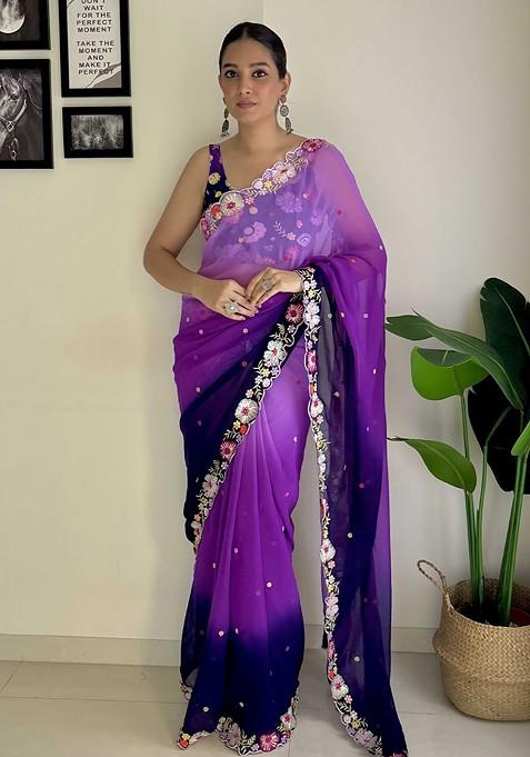 Purple Sequin Embellished Blended Saree Set — view on Indya