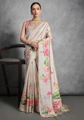 Cream Printed Blended Saree Set