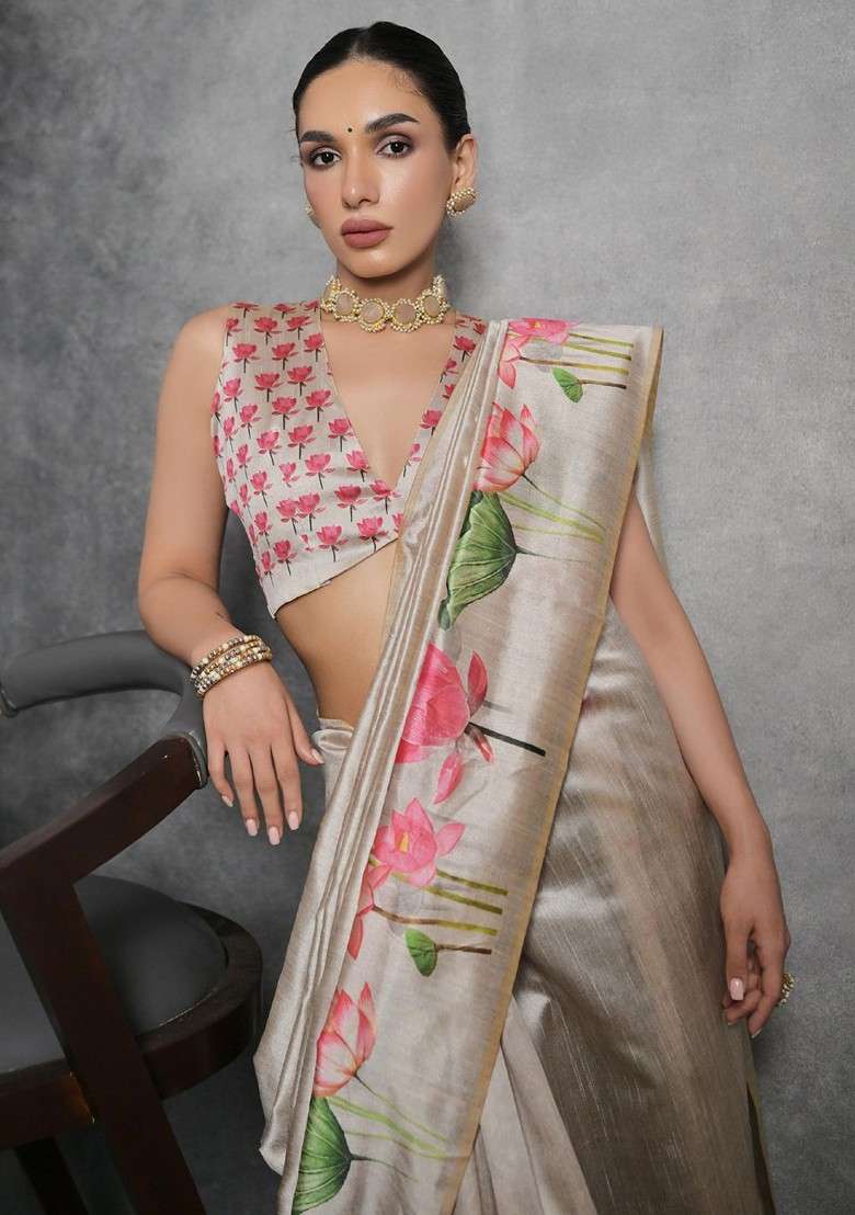 Cream Printed Blended Saree Set for Diwali and Festive Wear - Indya