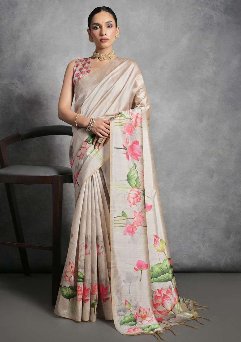 Cream Printed Blended Saree Set for Diwali and Festive Wear - Indya