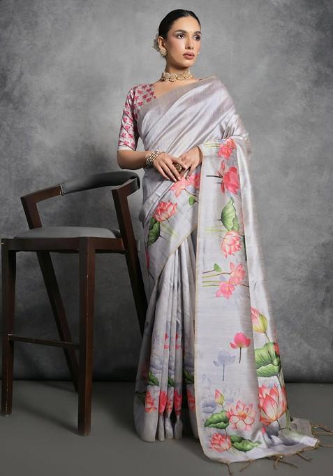 Grey Printed Blended Saree Set — view on Indya