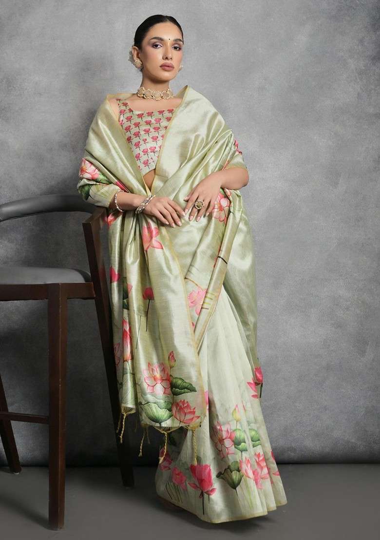 Olive Printed Blended Saree Set for Diwali and Festive Wear - Indya