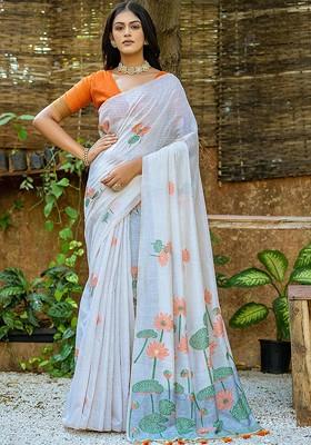 Orange Printed Blended Saree Set