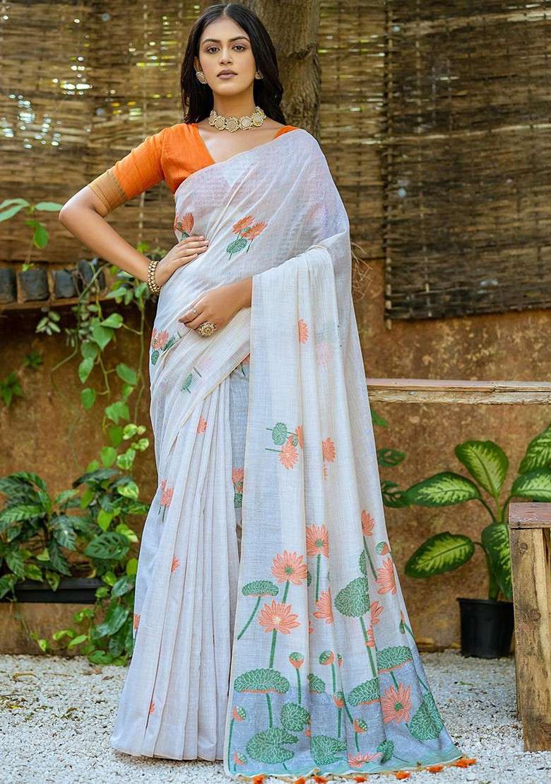 Orange Printed Blended Saree Set - Indya