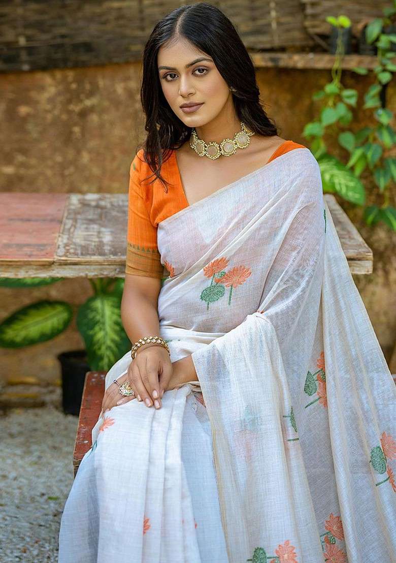 Orange Printed Blended Saree Set - Indya