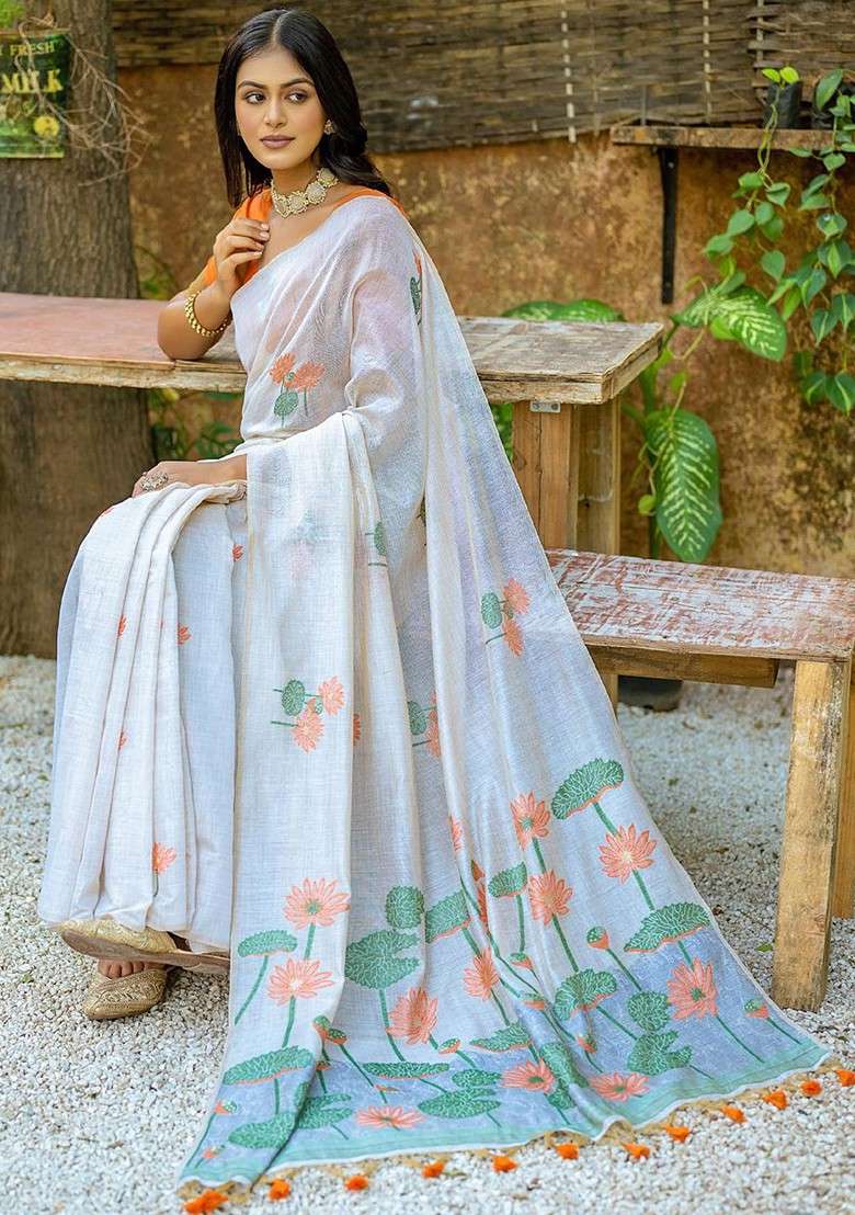 Orange Printed Blended Saree Set - Indya