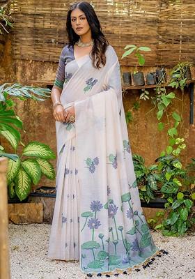 Navy Blue Printed Blended Saree Set