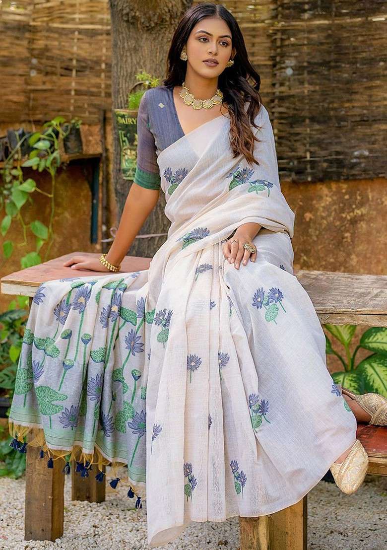 Navy Blue Blended Saree Set with Printed for Diwali | Wedding & Festive Wear - Indya
