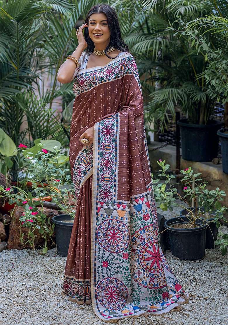 Brown Embroidered Blended Saree Set for Diwali and Festive Wear - Indya