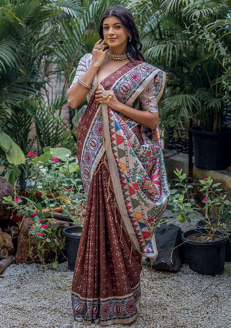 Brown Embroidered Blended Saree Set for Diwali and Festive Wear - Indya