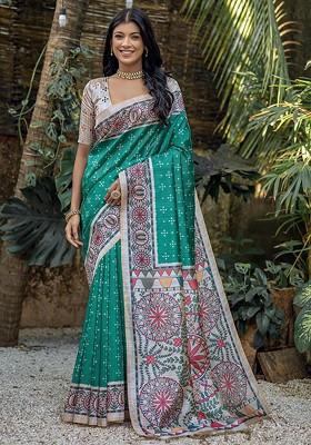 Turquoise Blue Printed Blended Saree Set