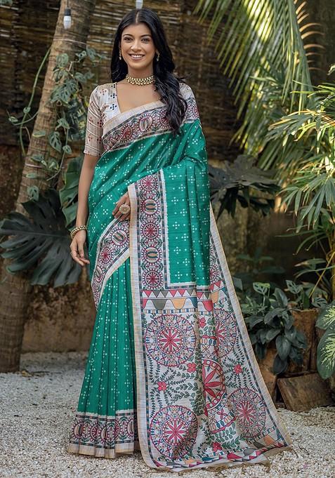 Turquoise Blue Printed Blended Saree Set — view on Indya