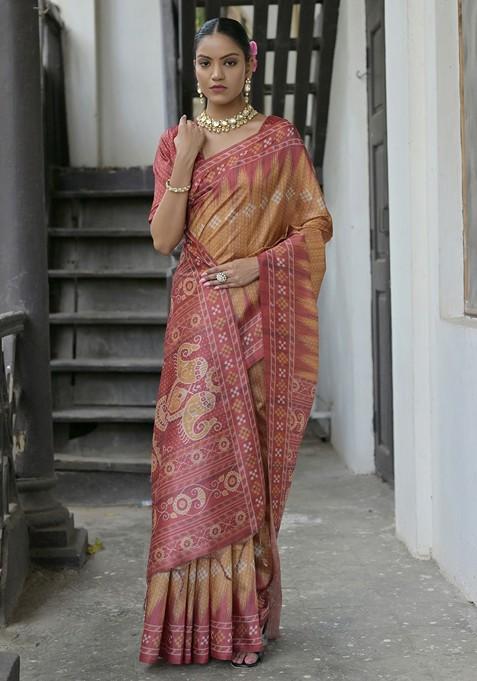 Mustard Embroidered Blended Saree Set