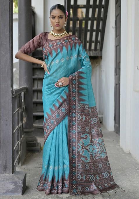 Blue Printed Blended Saree Set — view on Indya