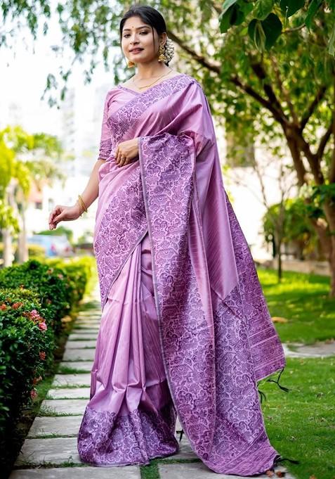 Purple Embroidered Blended Saree Set
