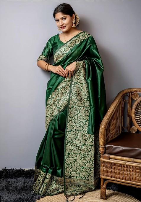 Green Printed Blended Saree Set