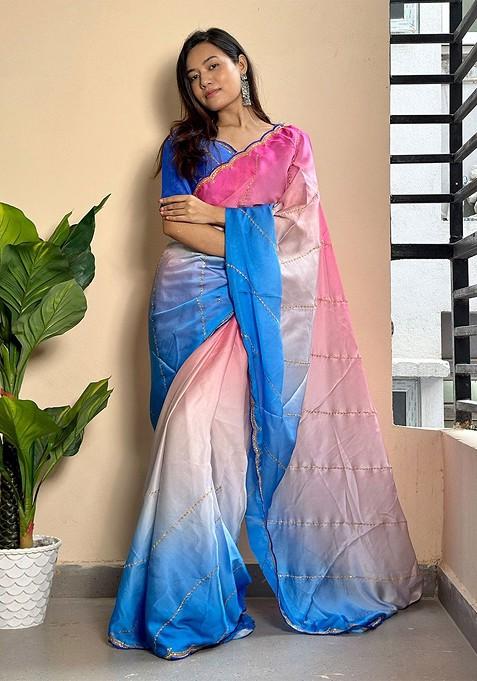 Blue Sequin Embellished Blended Saree Set