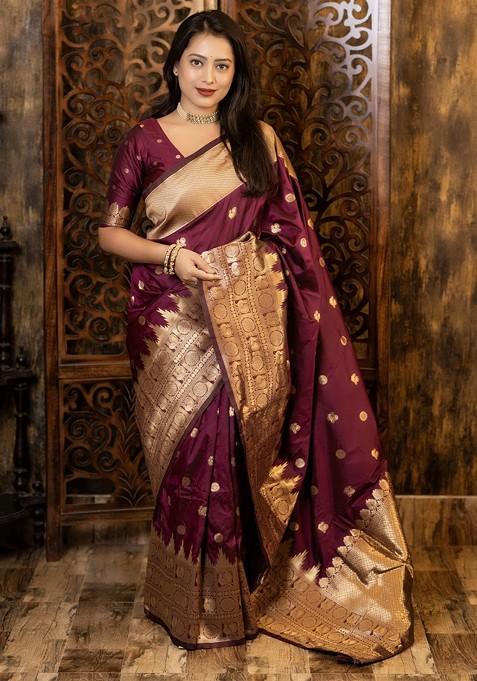 Maroon Embroidered Blended Saree Set — view on Indya