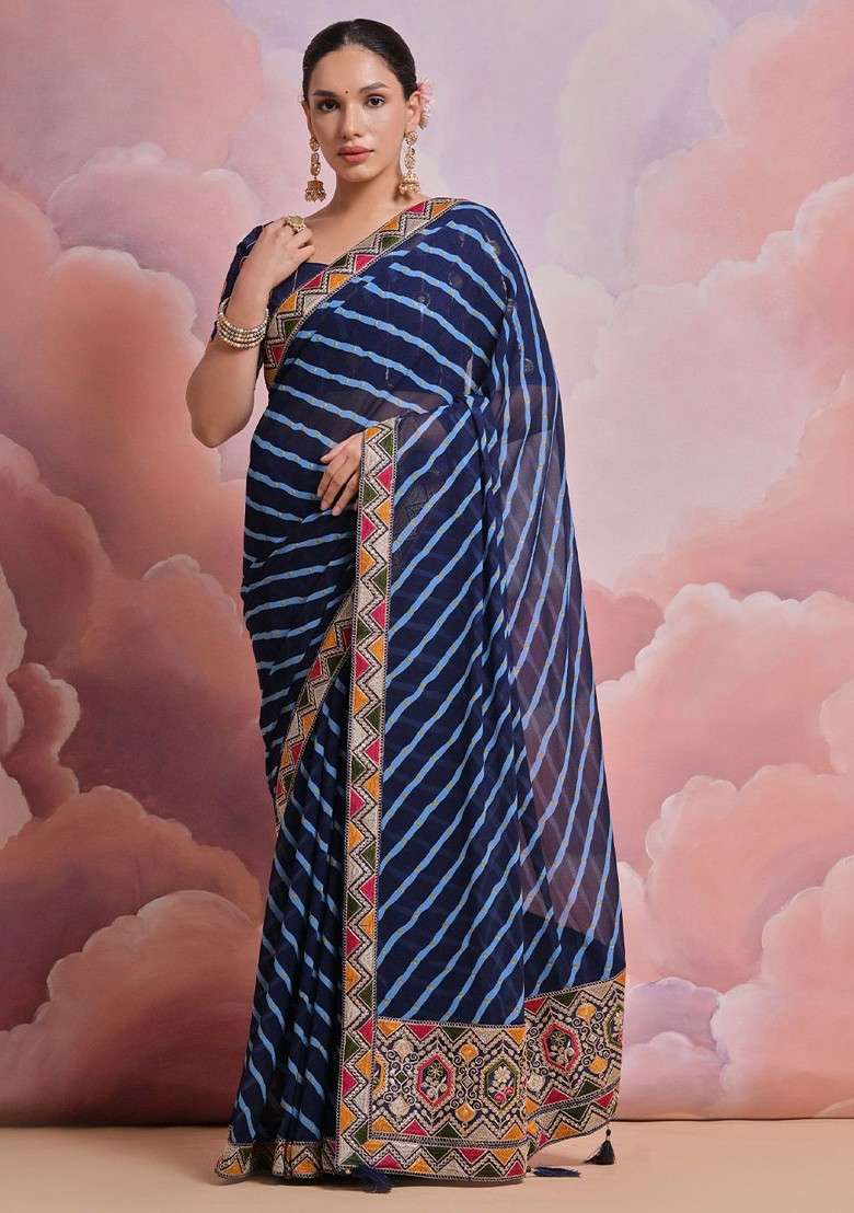 Blue Embroidered Blended Saree Set - Indya