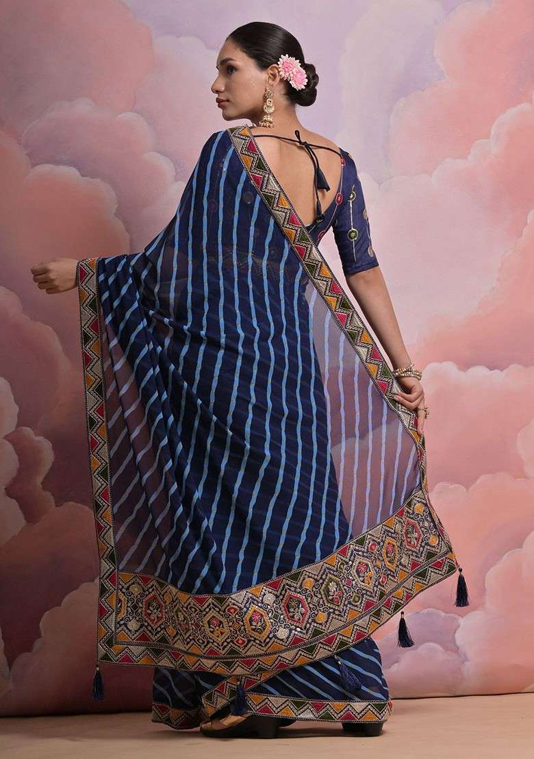 Blue Embroidered Blended Saree Set - Indya