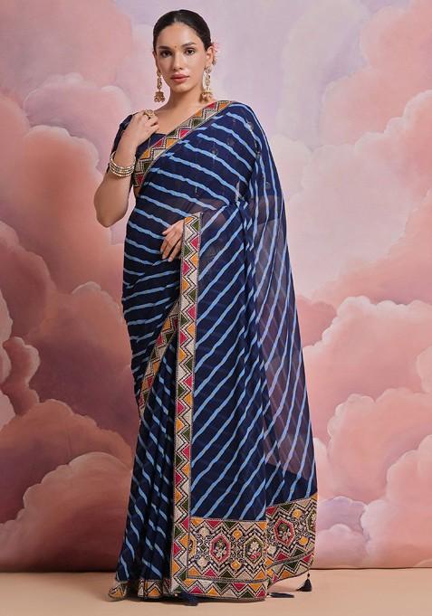 Blue Embroidered Blended Saree Set — view on Indya