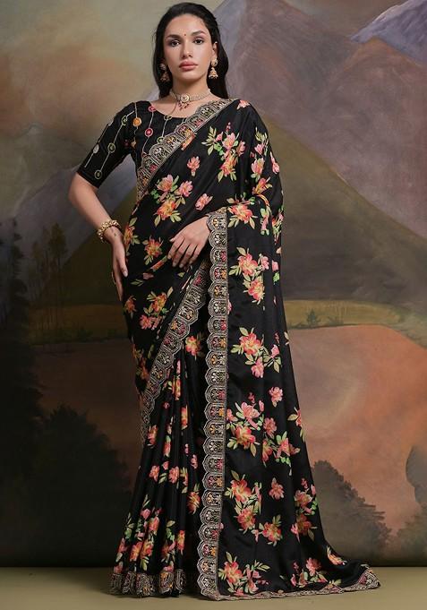 Black Printed Blended Saree Set