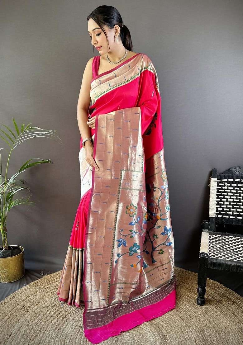 Pink Blended Saree Set with Embroidered for Diwali | Wedding & Festive Wear - Indya