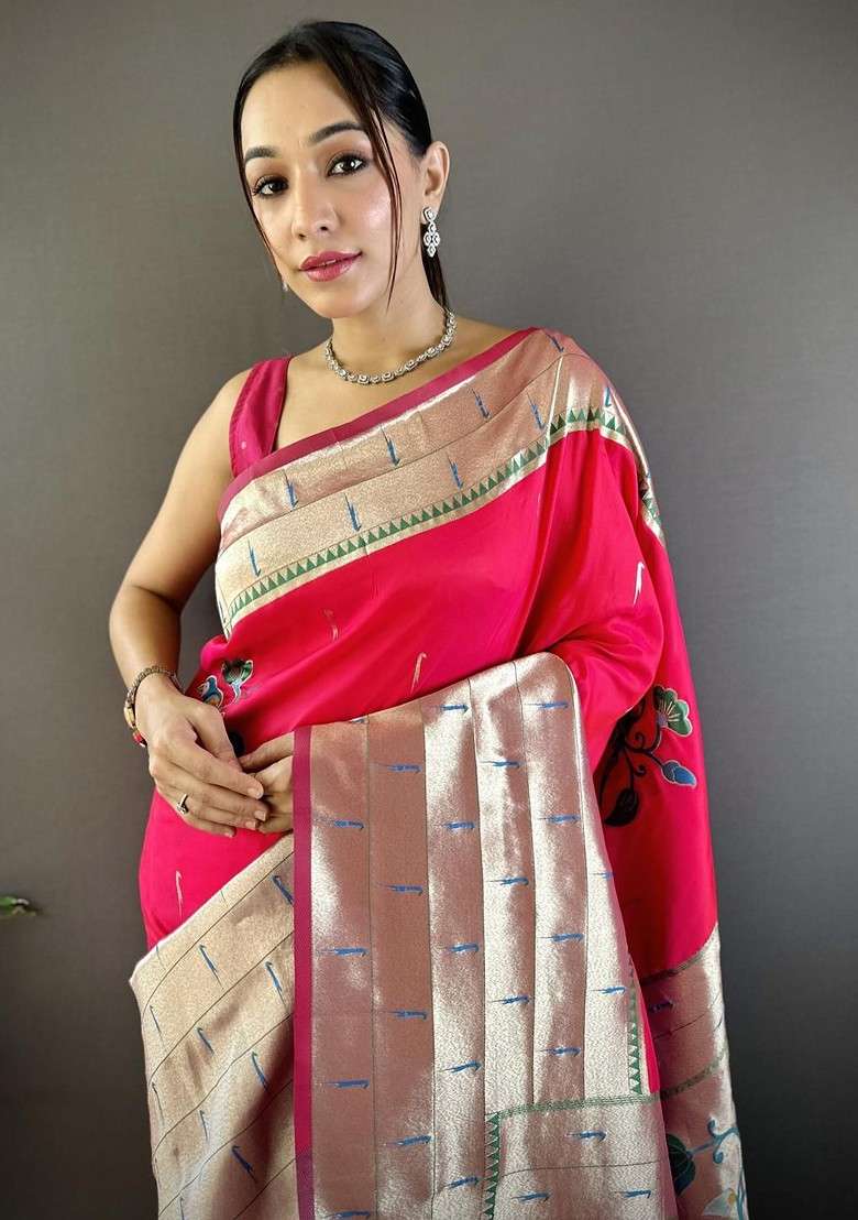 Pink Blended Saree Set with Embroidered for Diwali | Wedding & Festive Wear - Indya