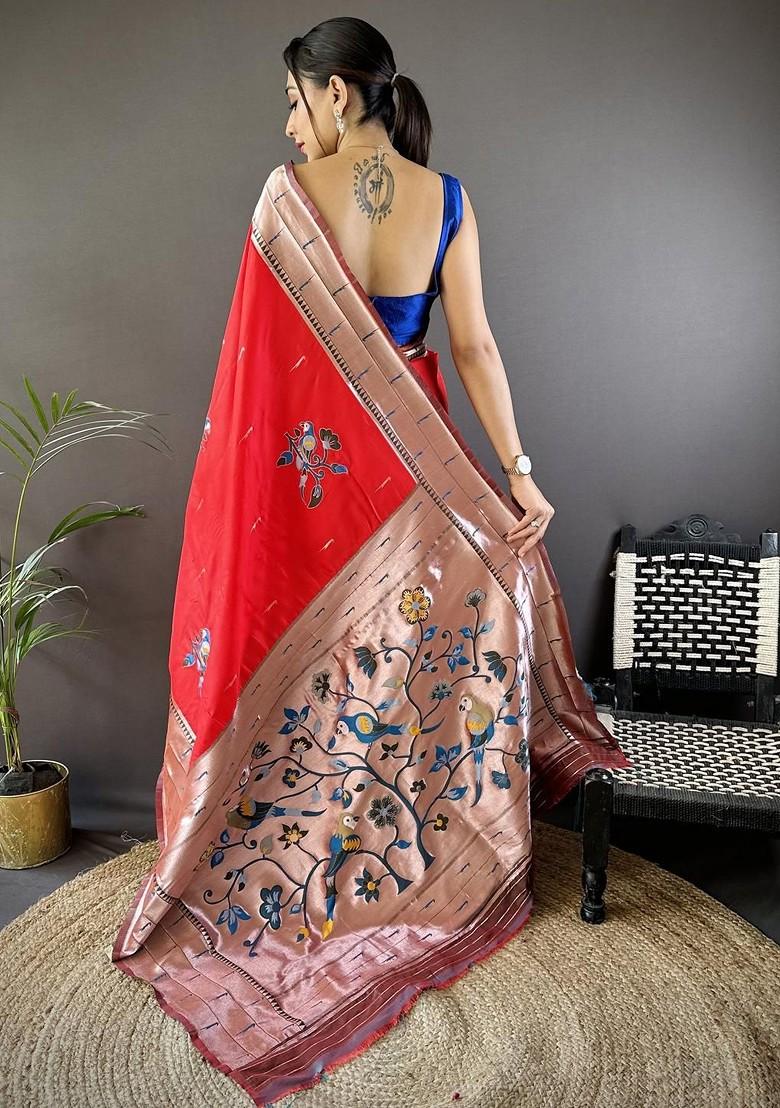 Red Embroidered Blended Saree Set