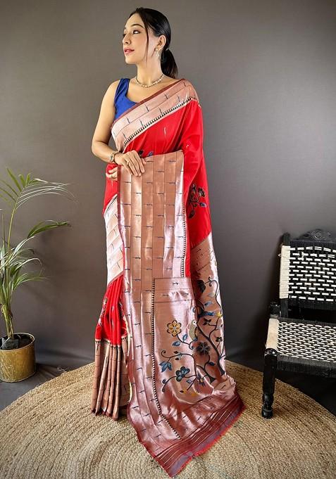 Red Embroidered Blended Saree Set