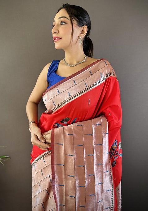Red Embroidered Blended Saree Set