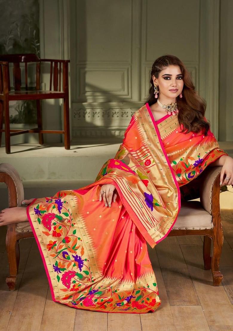 Peach Embroidered Blended Saree Set