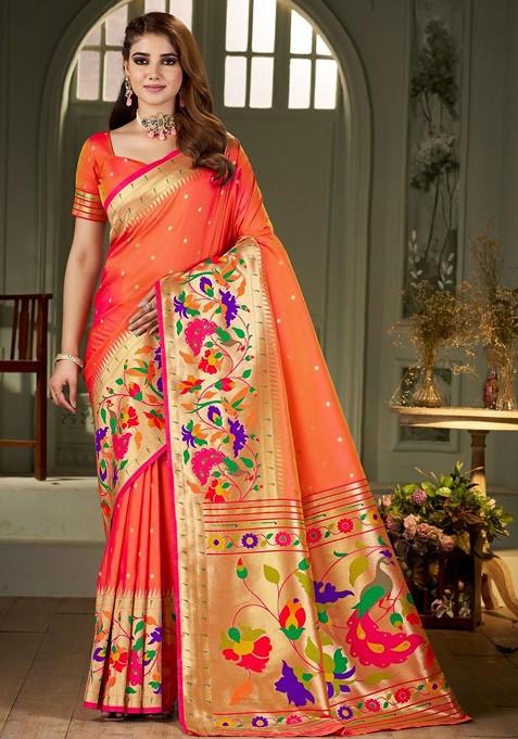 Peach Embroidered Blended Saree Set