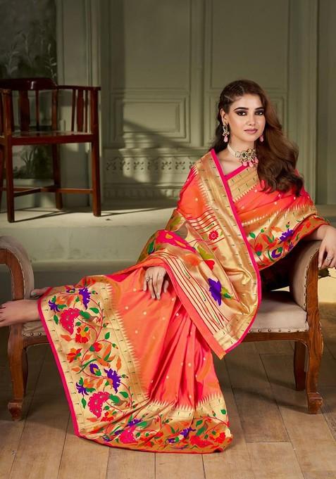 Peach Embroidered Blended Saree Set