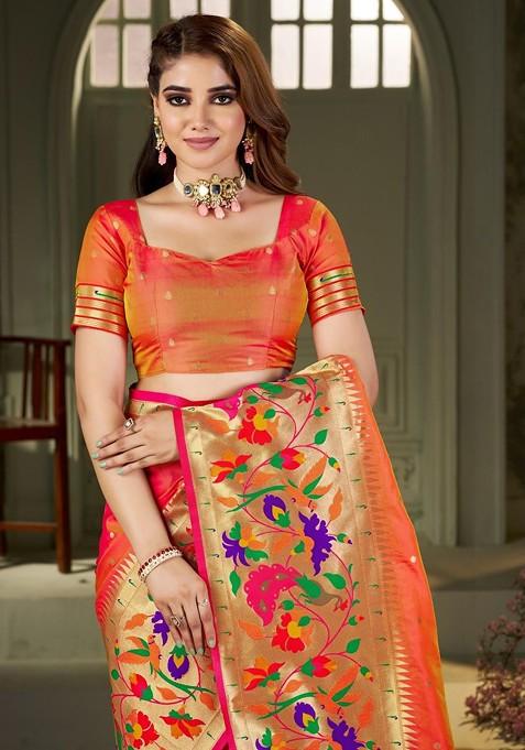 Peach Embroidered Blended Saree Set