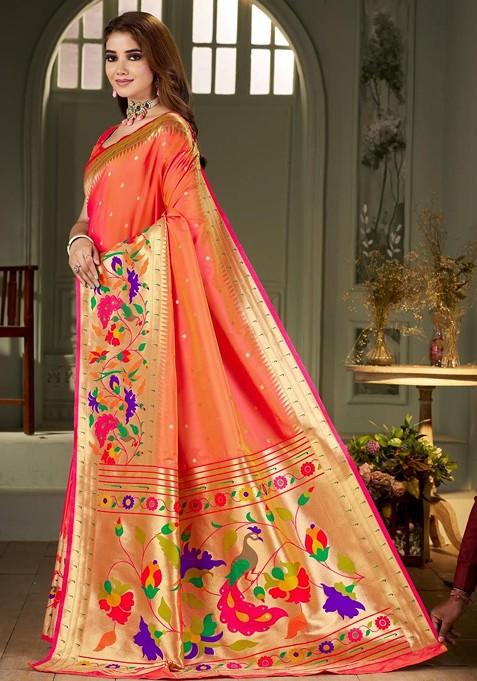 Peach Embroidered Blended Saree Set